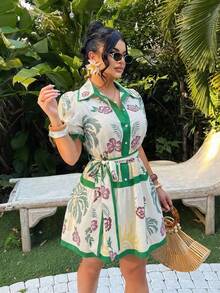 SHEIN SXY 大码热带印花纽扣休闲连衣裙 - 彩色 - 查看 6