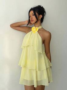 Aloruh 3D Floral Decor Multi-Tier Ruffle Hem Cake Dress ,Summer Dress - Yellow - View 5