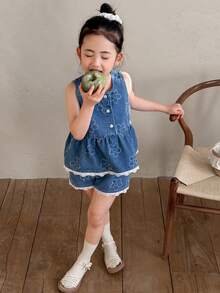 DAZY 2pcs Young Girls Crew Neck Sleeveless Denim Top And Denim Shorts Set, Fall Outfit - Blue - View 7