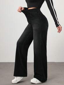 SHEIN Essnce Women's Solid Color Minimalist Basic Casual Everyday High Stretch Jeans Everyday Black Summer - Black - View 5