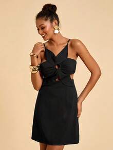 Travachic 3D Floral Solid Color Hollow-Out Backless Vacation Slip Dress,Carnival,Summer Outfits,Black Dress For Women - Black - View 5