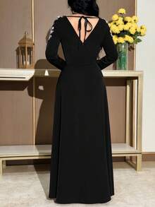 Modelyn Women's Elegant Pearl Decor V-Neck Long Sleeve Dress - Black - View 6