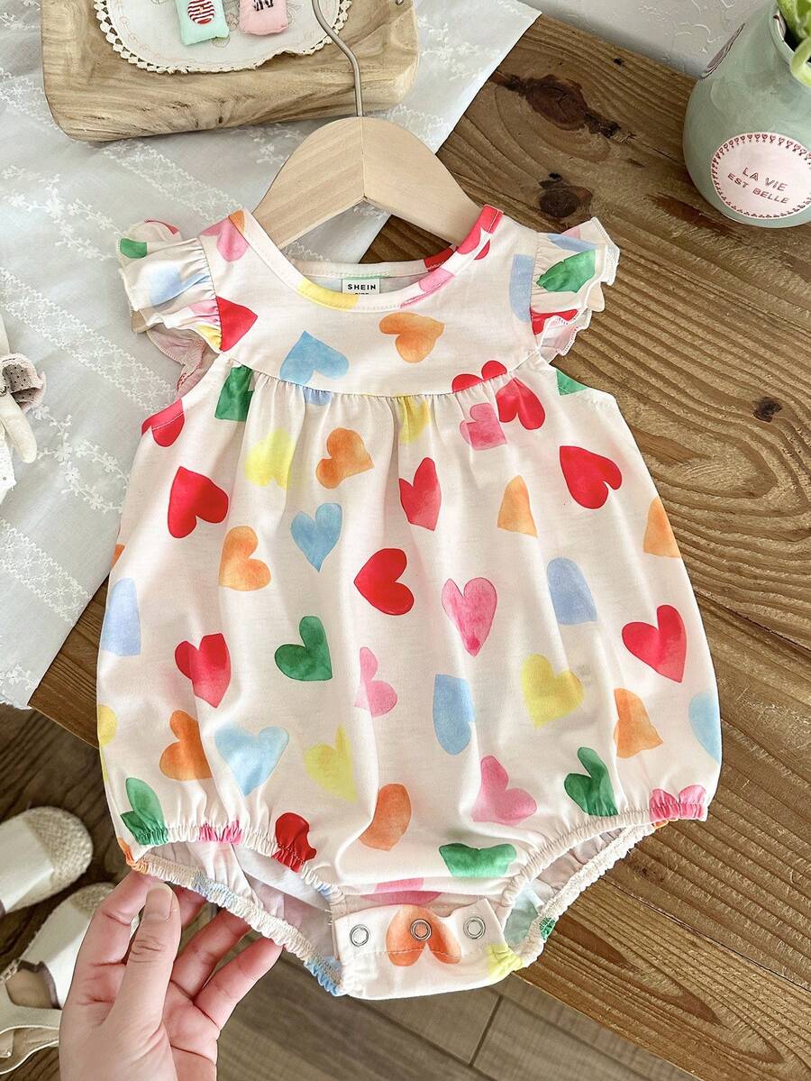 SHEIN LMoss Kids 女婴爱心图案针织荷叶边领休闲连体衣 - 彩色 - 查看 1