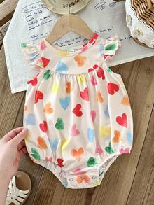 SHEIN LMoss Kids 女婴爱心图案针织荷叶边领休闲连体衣 - 彩色 - 查看 4