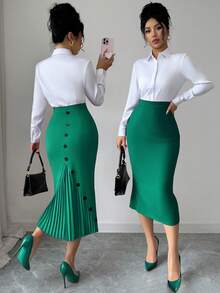 Elenzga Women's Elegant Fitted Pleated Pencil Skirt - Dark Green - View 5