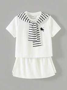 SHEIN Little Byeori 女童休闲时尚圆领短袖上衣搭配二合一短裤 - 白色 - 查看 7