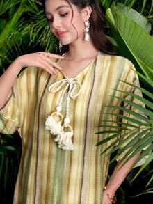 Al Najma 女士黄色梭织长袖棉绳优雅阿拉伯连衣裙，春夏款 - 黃色 - 查看 6