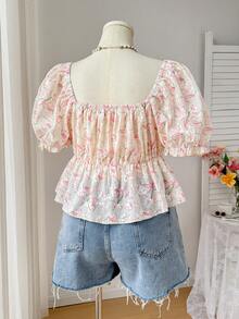 SHEIN EZwear 大码印花荷叶边短袖休闲度假衬衫，春夏款 - 彩色 - 查看 4