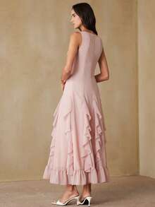 EMERY ROSE 法式奢华优雅雪纺露肩收腰竖条纹荷叶边下摆修身连衣裙，适合度假和约会穿着 - 粉色 - 查看 6