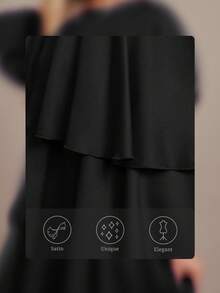 Vestido de mujer de unicolor con cuello redondo, dobladillo con volantes y capas - Negro - Ver 7