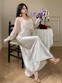 DAZY Women's Sheer Long Sleeve Loose Blouse And Long Satin Slip Dress Elegant 2 Pieces Set - Champagne - View 5