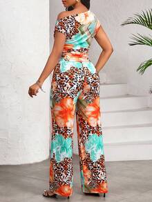 SHEIN Lady Women's Floral Print Ruffle Shoulder Top And Wide Leg Pants Casual 2 Pieces Set - Multicolor - View 2