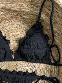 Swim Vcay Women's Textured Ruched Fabric Design Tie-Up Bikini 2-Piece Set, New 26SS Beach Party Vacation Style Swimwear Puckered Bikini Set Black String Bikini Two Piece Beach Set Bikini Set Vacation Ruffle Bikini Set - Black - View 3