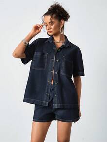SHEIN Women Denim Shirt And Short Set Oversize Short Sleeve Shirt And Short Summer Denim Two Pieces Set Dark Blue Washed - Dark Wash - View 5