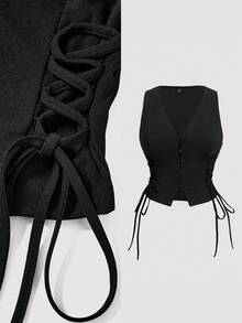 SHEIN MOD 女士黑色加大码背心式腰部系带背心 - 黑色 - 查看 5