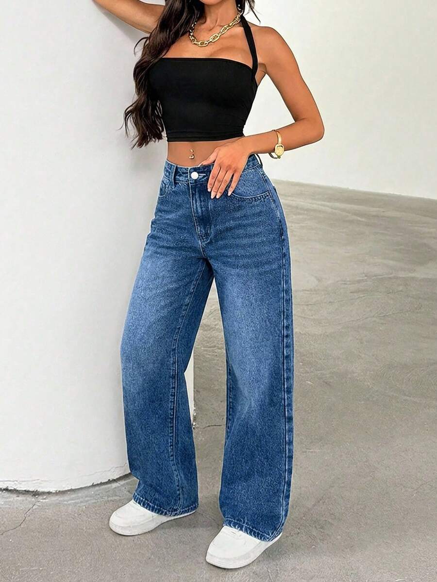 EURMUSE Women's High Waist Pockets Casual Versatile Straight Leg Jeans - Medium Wash - View 1