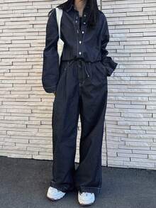 FRIFUL 女士纯色前扣长袖上衣和斜插口袋长牛仔裤套装 - 藍色 - 查看 2