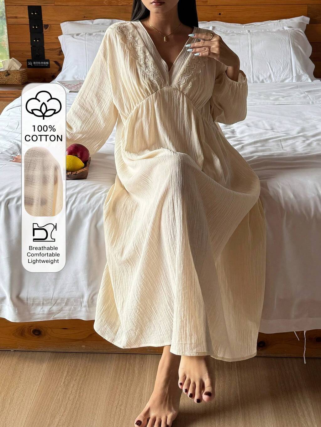 Romantic Lace Patchwork Textured Loose Lantern Sleeve Mid-Length Women Nightgown