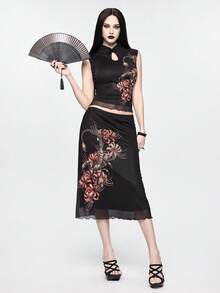 ROMWE Goth 哥特蝎子与孤挺花印花女士套装 - 黑色 - 查看 14