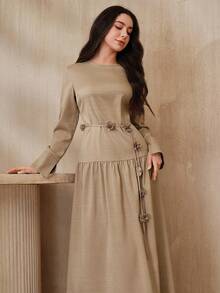 Graceveil Women's Elegant Minimalist Long Sleeve Dress, Autumn - Apricot - View 5