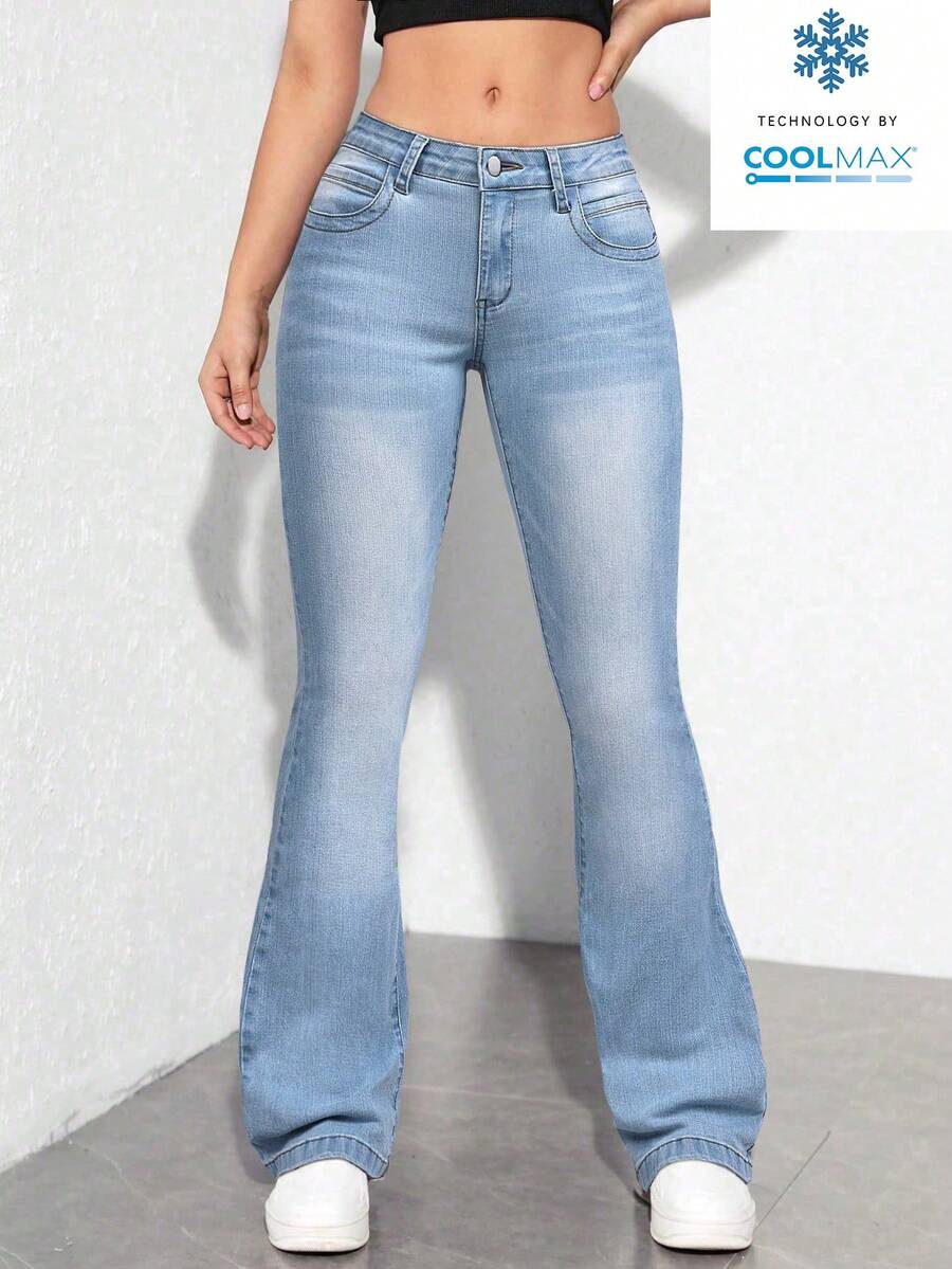 SHEIN Unity Quần jeans cạp thấp màu xanh nhạt, kiểu dáng thường ngày, đa năng, thích hợp mặc hàng ngày. - Rửa nhẹ - Xem 1