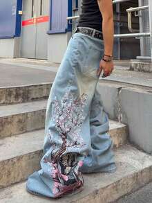 ROMWE MEN Street Life Jeans de corte holgado con bordado floral para hombre - Celeste - Ver 2
