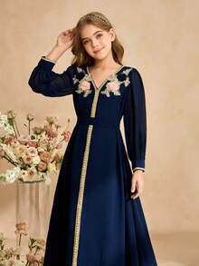 Elegante abito in chiffon con scollo a V e fili d'oro, manica lunga, adatto per matrimoni, gala, compleanni, feste e cerimonie per ragazze pre-adolescenti - Blu Navy - Visualizzare 4