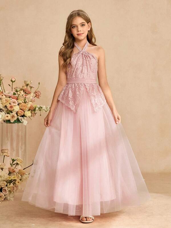 Elegant Lace Contrast Mesh Halter Waist Flared Dress For Girls, Suitable For Flower Girl, Wedding, Prom, Birthday Party, Banquet