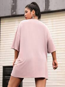Rustia Plus Size Women Solid Color Round Neck Drop Shoulder Casual Loose T-Shirt - Dusty Pink - View 2