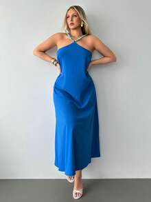 Auralis Đầm hai dây hở lưng kiểu Bohemian đính hạt nhựa, cỡ lớn, ôm dáng, thích hợp cho kỳ nghỉ biển, mùa xuân/hè. - Màu xanh lam - Xem 4