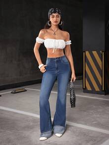 Jeanoix Women's Y2K Casual Fashion Street Daily Commute Flare Jeans - Dark Wash - View 5