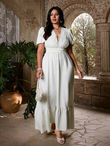 Flirla Plus Size Women's White Summer Boho Vacation V-Neck Drawstring Design Vintage Casual Preppy Punk Style Midi Dress,Regular Short Sleeve Daily Wear - Apricot - View 5