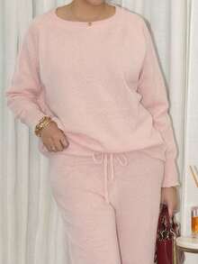 Melissa Matos 2 件套女士休闲宽松落肩长袖毛衣和针织裤套装，秋季 - 粉色 - 查看 6