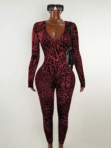 Mistrie Autumn New Vintage Casual Leopard Print Sexy V-Neck Fitted Long Sleeve Jumpsuit For Women Zebra Print Outfit Women Zoo Outfits Women - Burgundy - View 5