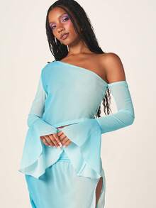 MISSGUIDED Off-Shoulder Long Sleeve Bikini Set With Ruching And Starfish Embellishment High Rise Bottom With Side Slit Detail - Green - View 5