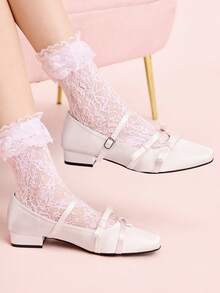 CUCCOO DOLLMOD 方头缎面蝴蝶结玛丽珍单鞋 女士新款夏季舒适粗跟轻便通勤约会时尚高跟单鞋 - 粉色 - 查看 1