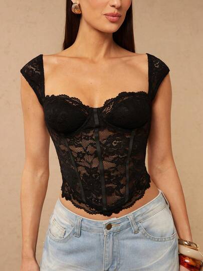 Silquee Black Sexy Lace See-Through Camisole With Bra Cups, Suitable For Parties, Dates, Commuting, Cute Bra, Sexy Club Top, Corset, Outdoor Top, Cute Top, Summer Lace Top.