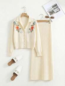 Écloséra Nuevo conjunto de punto de 2 piezas para mujer de primavera temprana, compuesto por un suéter holgado de manga larga con bordado floral en color beige y una falda maxi ajustada de canalé - Beis - Ver 6