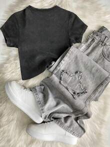 Glimmora Áo thun tay ngắn thêu hình ngôi sao thời trang đường phố năng động dành cho nữ, mùa hè - Màu xám đen - Xem 2