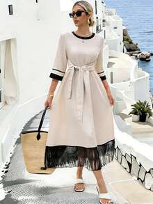 EMERY ROSE Women's Vacation Casual Fringe Waist Belt 3/4 Sleeve Dress - Apricot - View 4