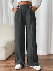SHEIN PETITE CURVE 大码女士双扣直筒优雅通勤裤 - 深灰色 - 查看 3