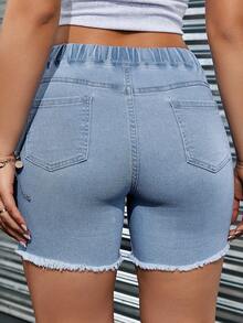 SHEIN ICON Quần short denim rút dây giản dị có túi cho nữ - Rửa nhẹ - Xem 2