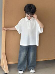 SHEIN Little Byeori 1件男童休闲、舒适、时尚、百搭、柔软、宽松短袖polo衫，适合春、夏、秋季日常穿着、运动、郊游、上学、聚会、节日、拍照等场合。 - 白色 - 查看 6