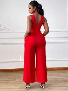 Xyvia 女士红色纯色不规则领口设计束腰抹胸优雅套装，适合生日礼物、约会、派对、情人节、劳动节、复活节、返校、音乐节、旅行、春夏新款时尚必备单品，宽松百搭连体裤 - 紅色 - 查看 2