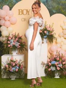 Loomaby Maternity Solid Color Off-Shoulder Casual Jumpsuit For Vacation & Daily Wear,Gender Reveal Dress,Maternity Dress, Baby Shower Dress For Party,Party Outfit,Wedding Guest Dress For Women,, Wedding Guest Dress - White - View 2