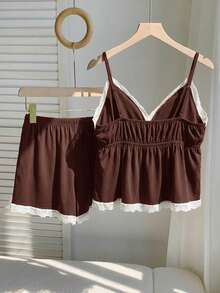 Comfortcana 巧克力棕色和白色蕾丝拼接加大码吊带背心和短裤两件套 - 巧克力棕 - 查看 2