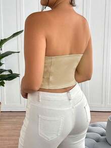SHEIN Tall CURVE 加大码纯色前中纽扣装饰PU皮革黑色抹胸上衣 - 杏色 - 查看 2