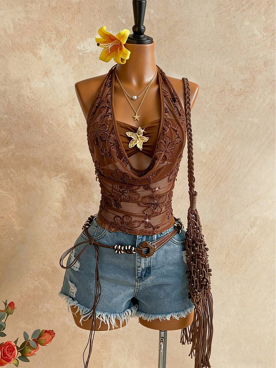 SHEIN Unity 别具一格的度假风复古棕色美式性感露背系带两合一深V领金属扣装饰时尚提花面料收腰百搭女士吊带衫 - 棕色 - 查看 1