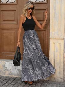 Brillora Falda de gasa estampada para mujer, adecuada para vacaciones de primavera/verano - Blanco y Negro - Ver 2