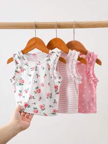 SHEIN 3 Packs Baby Girl Casual Y2K Style Floral Rose Polka Dot Striped Pattern Ruffle Trim Sleeveless Tank Top Soft Thin Tops For Summer Vacation Beach Party Spring - Multicolor - View 8